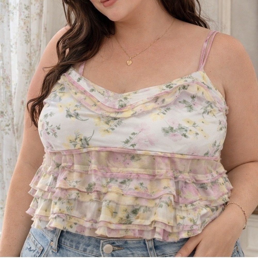 Arula Plus 1X Floral Ruffle Babydoll Tank Top Tiered Cottagecore Boho